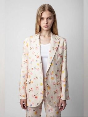 Zadig & Voltaire Vegy Linen Blazer Floral Print Cream Blazer FR 38/US 6 or Med.
